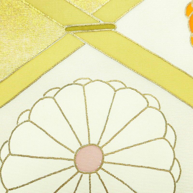 名古屋帯 太鼓柄 正絹 花柄 名古屋仕立て なごや帯 リサイクル帯 帯 箔 銀彩 シンプル 菊 緑・うぐいす色_画像3