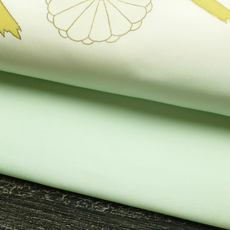 名古屋帯 太鼓柄 正絹 花柄 名古屋仕立て なごや帯 リサイクル帯 帯 箔 銀彩 シンプル 菊 緑・うぐいす色_画像8