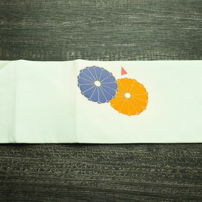 名古屋帯 太鼓柄 正絹 花柄 名古屋仕立て なごや帯 リサイクル帯 帯 箔 銀彩 シンプル 菊 緑・うぐいす色_画像14