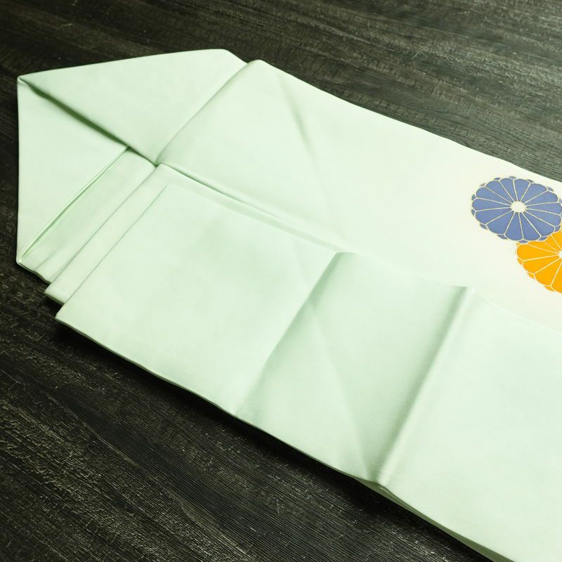 名古屋帯 太鼓柄 正絹 花柄 名古屋仕立て なごや帯 リサイクル帯 帯 箔 銀彩 シンプル 菊 緑・うぐいす色_画像21