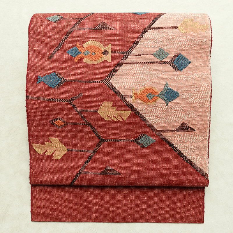 名古屋帯 太鼓柄 美品 正絹 幾何学柄・抽象柄 通し仕立て なごや帯 リサイクル帯 帯 モダン 赤・朱_画像1