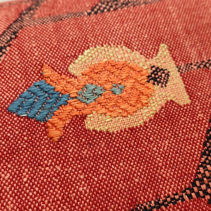 名古屋帯 太鼓柄 美品 正絹 幾何学柄・抽象柄 通し仕立て なごや帯 リサイクル帯 帯 モダン 赤・朱_画像6