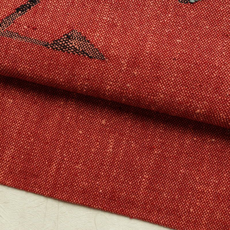 名古屋帯 太鼓柄 美品 正絹 幾何学柄・抽象柄 通し仕立て なごや帯 リサイクル帯 帯 モダン 赤・朱_画像9