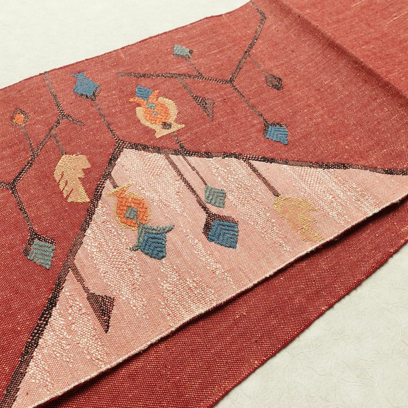 名古屋帯 太鼓柄 美品 正絹 幾何学柄・抽象柄 通し仕立て なごや帯 リサイクル帯 帯 モダン 赤・朱_画像13