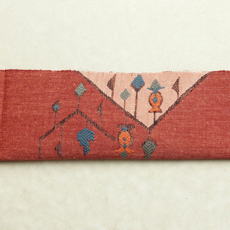 名古屋帯 太鼓柄 美品 正絹 幾何学柄・抽象柄 通し仕立て なごや帯 リサイクル帯 帯 モダン 赤・朱_画像16