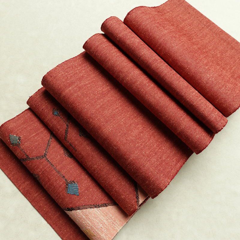 名古屋帯 太鼓柄 美品 正絹 幾何学柄・抽象柄 通し仕立て なごや帯 リサイクル帯 帯 モダン 赤・朱_画像19