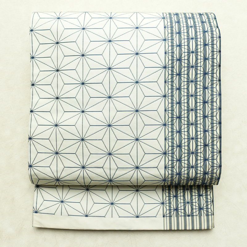 名古屋帯 六通柄 正絹 麻の葉柄 通し仕立て なごや帯 リサイクル帯 帯 白_画像1