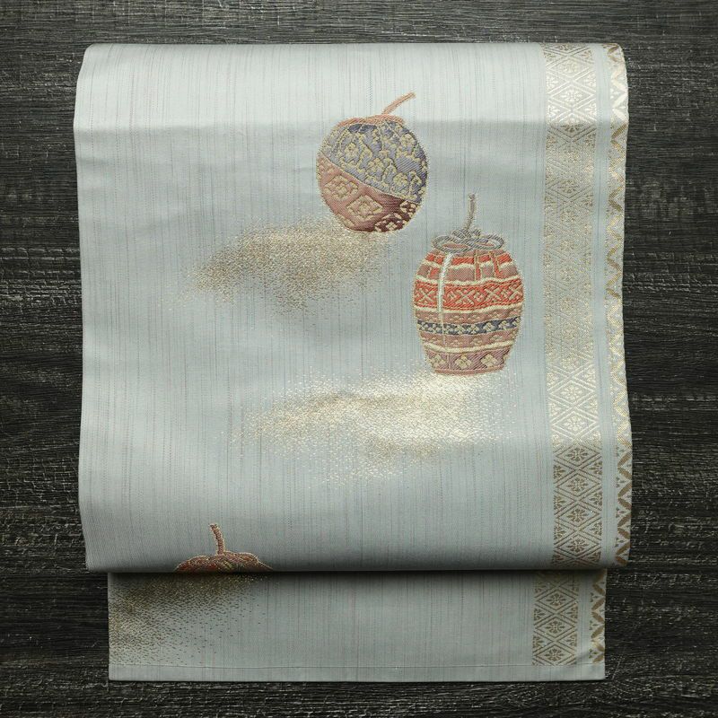 名古屋帯 六通柄 正絹 古典柄 名古屋仕立て なごや帯 リサイクル帯 帯 箔 青・紺_画像1