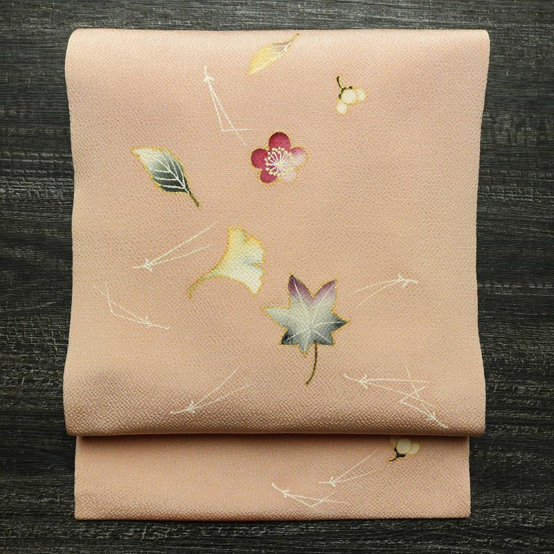 名古屋帯 太鼓柄 縮緬 正絹 木の葉・植物柄 名古屋仕立て なごや帯 リサイクル帯 帯 箔 金彩 シンプル ピンク_画像1