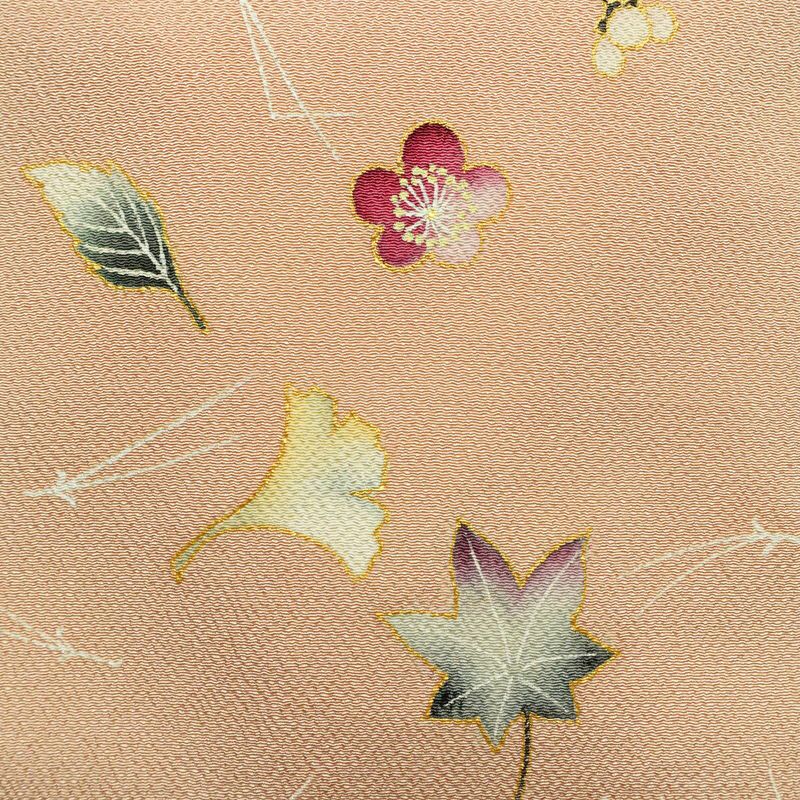 名古屋帯 太鼓柄 縮緬 正絹 木の葉・植物柄 名古屋仕立て なごや帯 リサイクル帯 帯 箔 金彩 シンプル ピンク_画像2