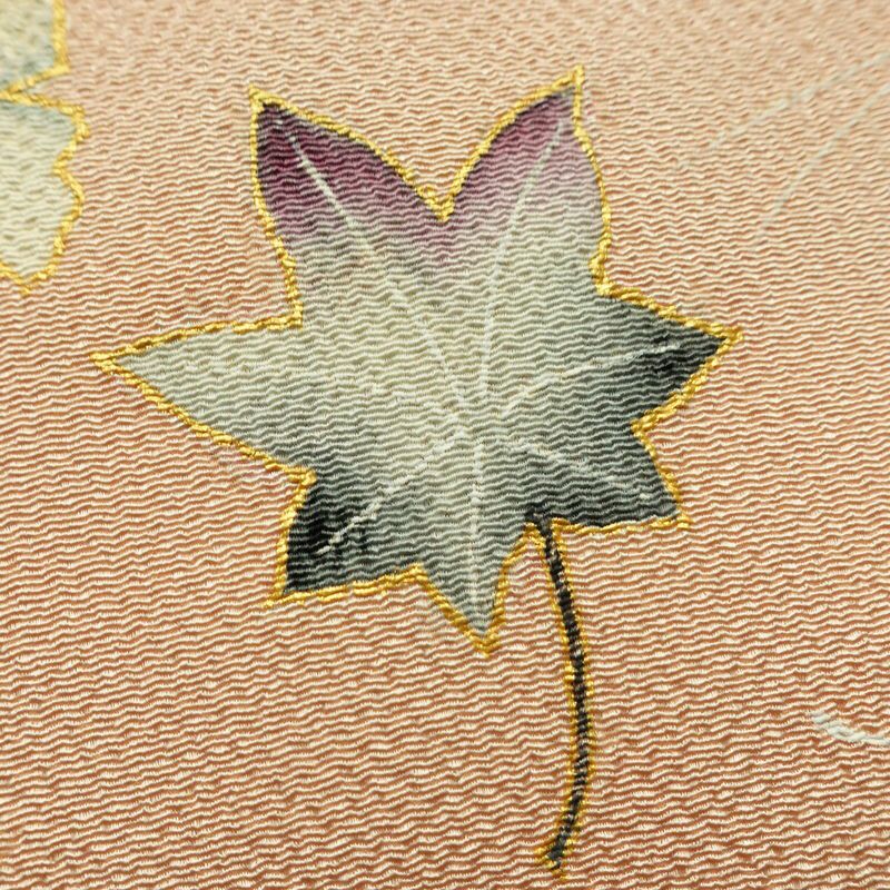 名古屋帯 太鼓柄 縮緬 正絹 木の葉・植物柄 名古屋仕立て なごや帯 リサイクル帯 帯 箔 金彩 シンプル ピンク_画像3