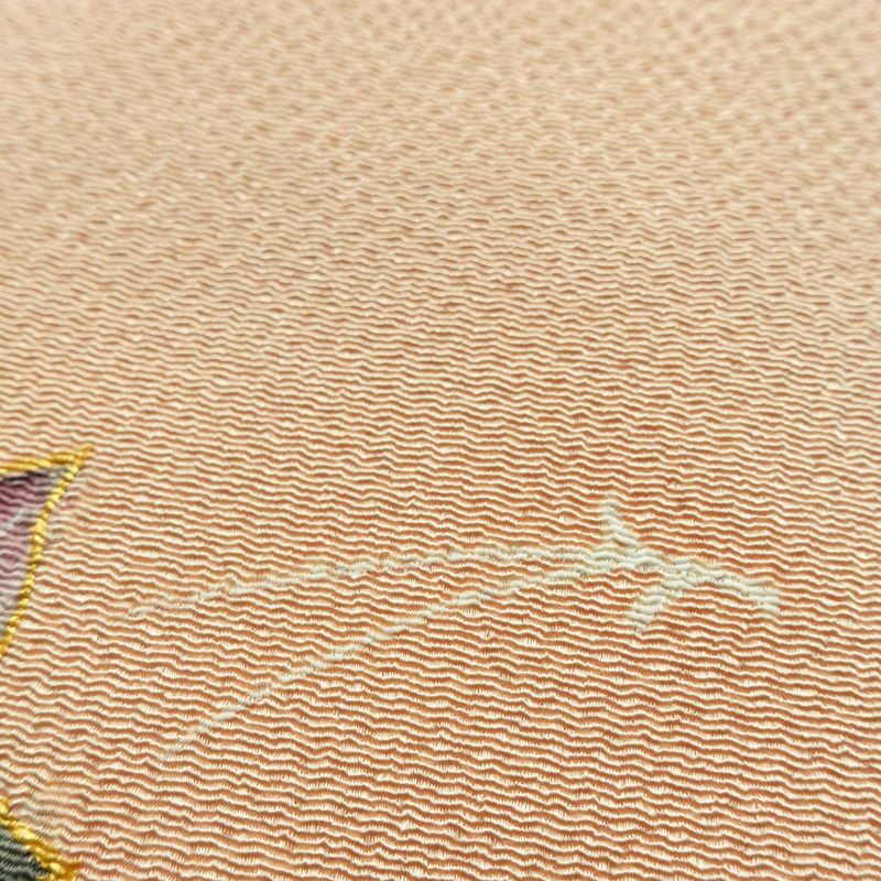 名古屋帯 太鼓柄 縮緬 正絹 木の葉・植物柄 名古屋仕立て なごや帯 リサイクル帯 帯 箔 金彩 シンプル ピンク_画像6