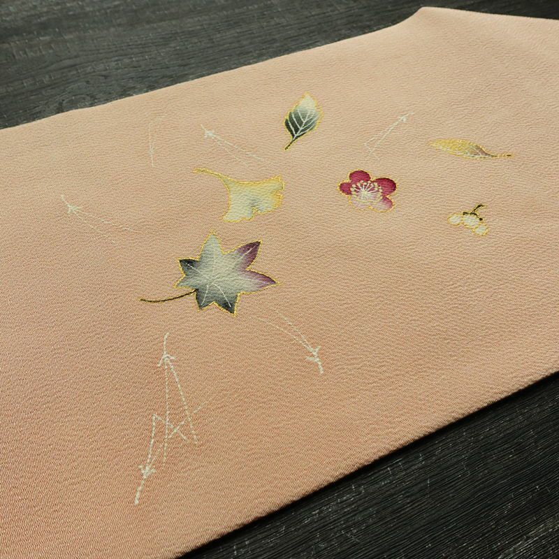 名古屋帯 太鼓柄 縮緬 正絹 木の葉・植物柄 名古屋仕立て なごや帯 リサイクル帯 帯 箔 金彩 シンプル ピンク_画像11