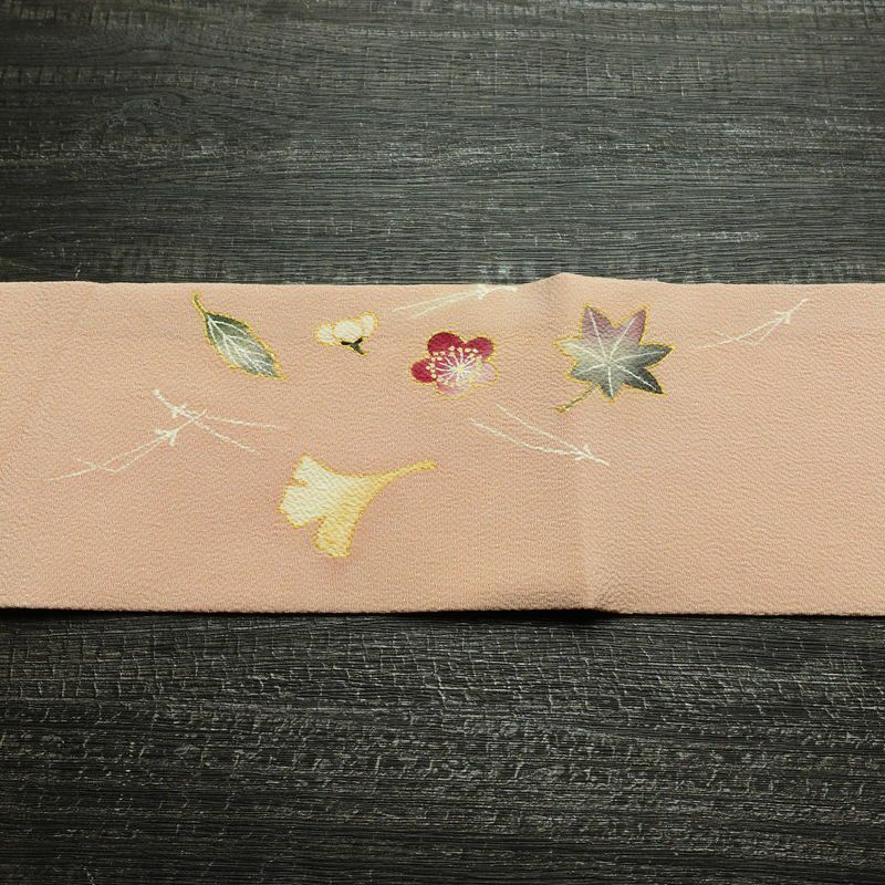 名古屋帯 太鼓柄 縮緬 正絹 木の葉・植物柄 名古屋仕立て なごや帯 リサイクル帯 帯 箔 金彩 シンプル ピンク_画像13