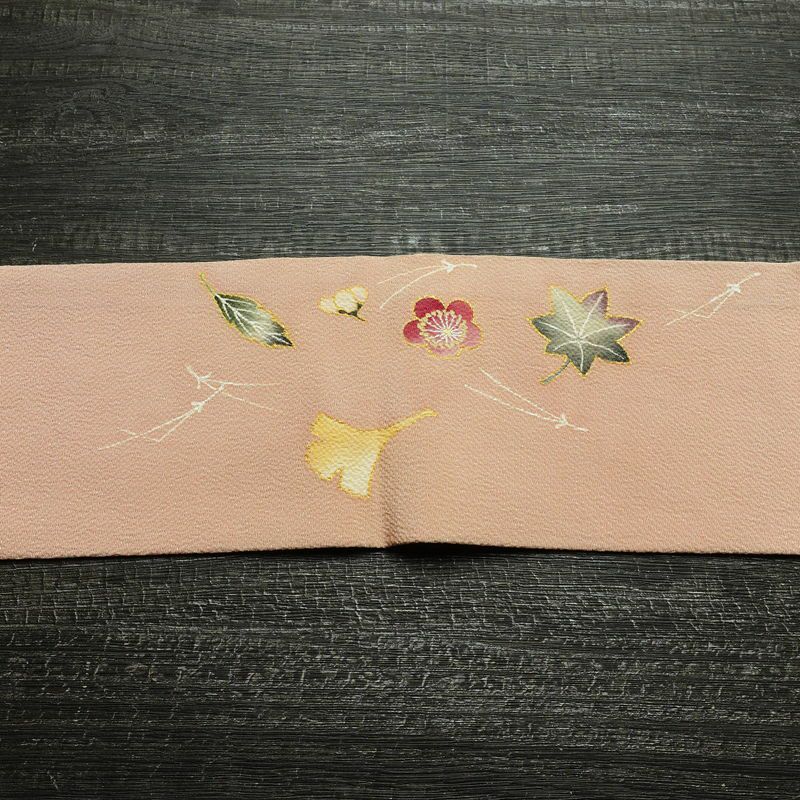 名古屋帯 太鼓柄 縮緬 正絹 木の葉・植物柄 名古屋仕立て なごや帯 リサイクル帯 帯 箔 金彩 シンプル ピンク_画像14