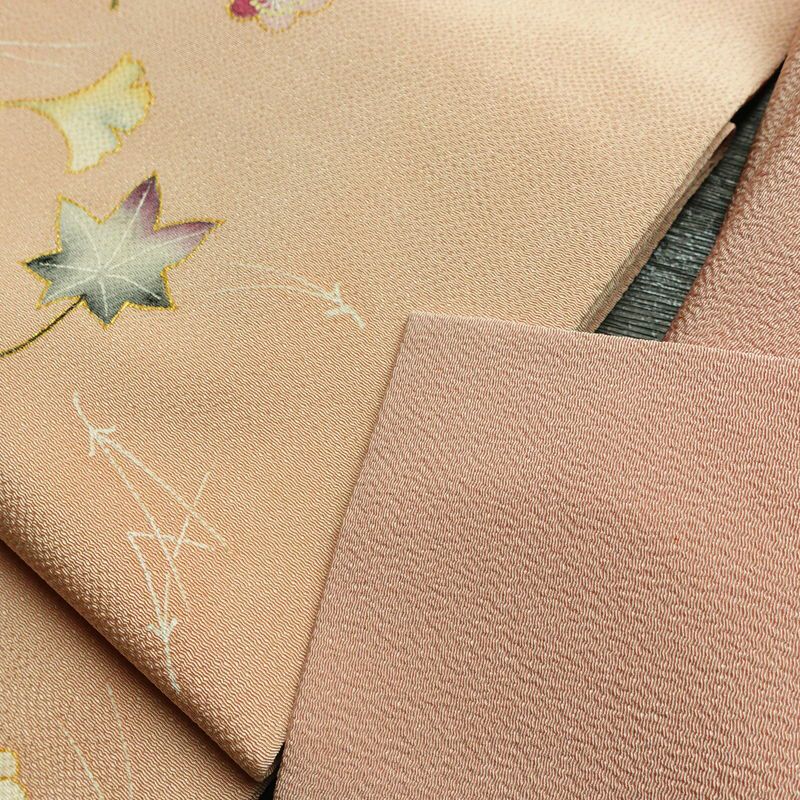 名古屋帯 太鼓柄 縮緬 正絹 木の葉・植物柄 名古屋仕立て なごや帯 リサイクル帯 帯 箔 金彩 シンプル ピンク_画像18