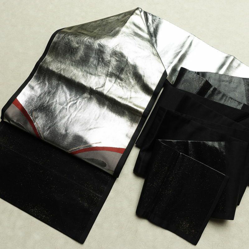 名古屋帯 太鼓柄 正絹 蝶・昆虫柄 名古屋仕立て なごや帯 リサイクル帯 帯 箔 引箔 黒_画像18