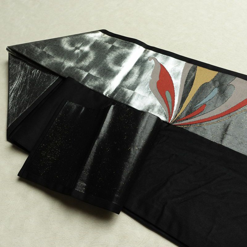 名古屋帯 太鼓柄 正絹 蝶・昆虫柄 名古屋仕立て なごや帯 リサイクル帯 帯 箔 引箔 黒_画像21