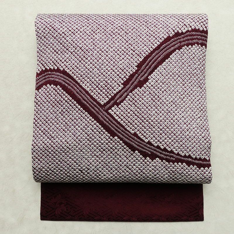 名古屋帯 太鼓柄 良品 絞り 綸子 正絹 幾何学柄・抽象柄 名古屋仕立て なごや帯 リサイクル帯 帯 モダン 紫・藤色_画像1