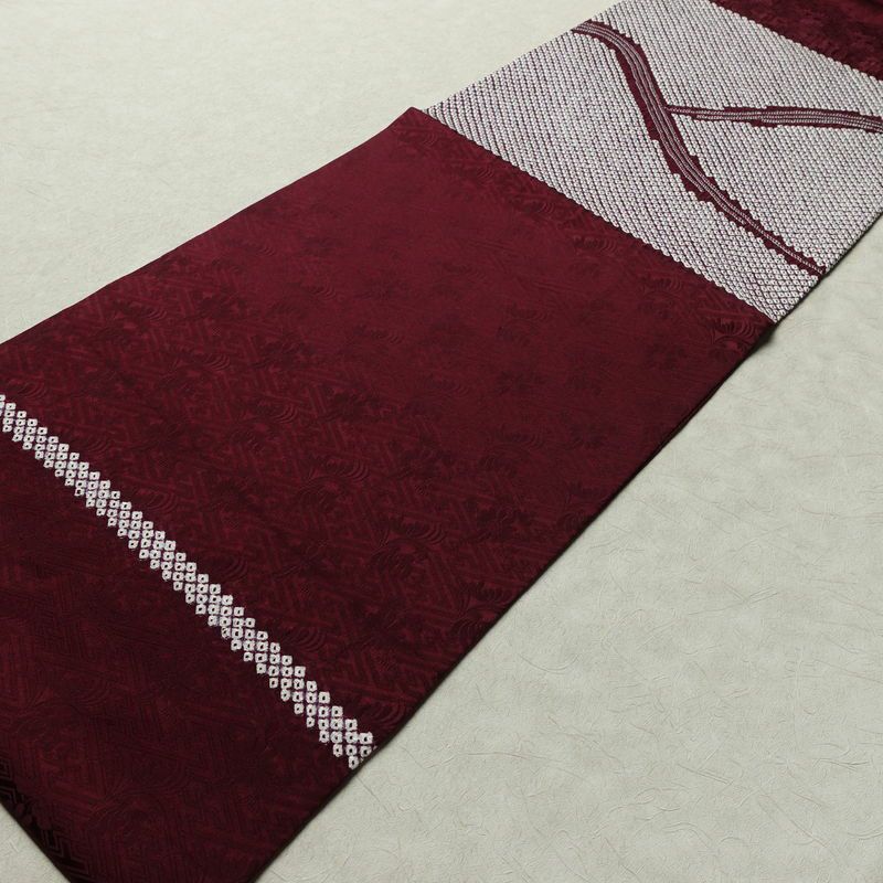 名古屋帯 太鼓柄 良品 絞り 綸子 正絹 幾何学柄・抽象柄 名古屋仕立て なごや帯 リサイクル帯 帯 モダン 紫・藤色_画像8