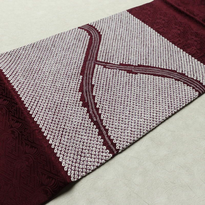 名古屋帯 太鼓柄 良品 絞り 綸子 正絹 幾何学柄・抽象柄 名古屋仕立て なごや帯 リサイクル帯 帯 モダン 紫・藤色_画像11