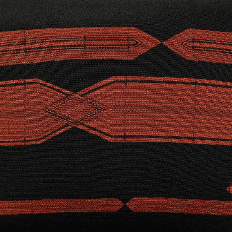 名古屋帯 草木手染 太鼓柄 美品 縮緬 正絹 幾何学柄・抽象柄 名古屋仕立て なごや帯 リサイクル帯 帯 モダン 黒_画像2