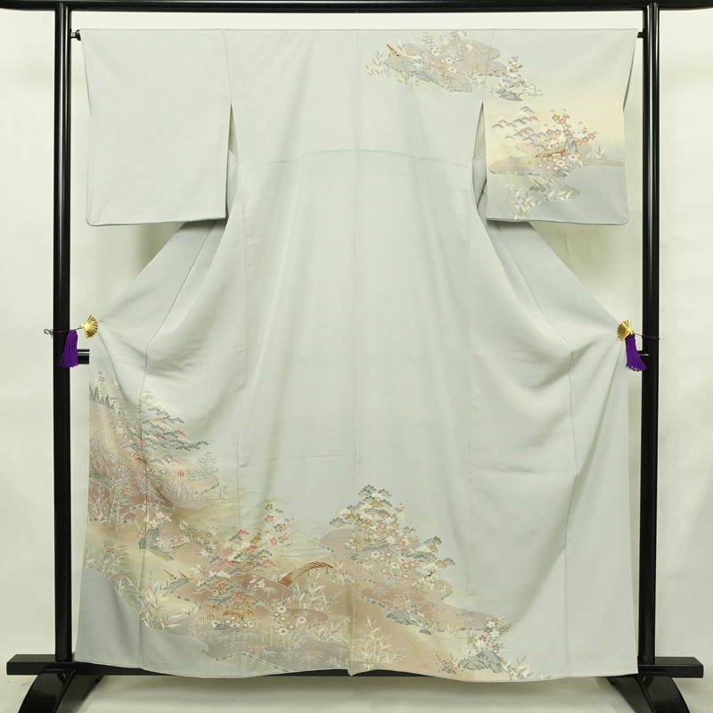 訪問着 縮緬 正絹 古典柄 袷仕立て 身丈158.5cm 裄丈65cm リサイクル着物 着物 箔 金彩 入学式 卒業式 七五三 お宮参り フォーマル 上品 青・紺_画像1