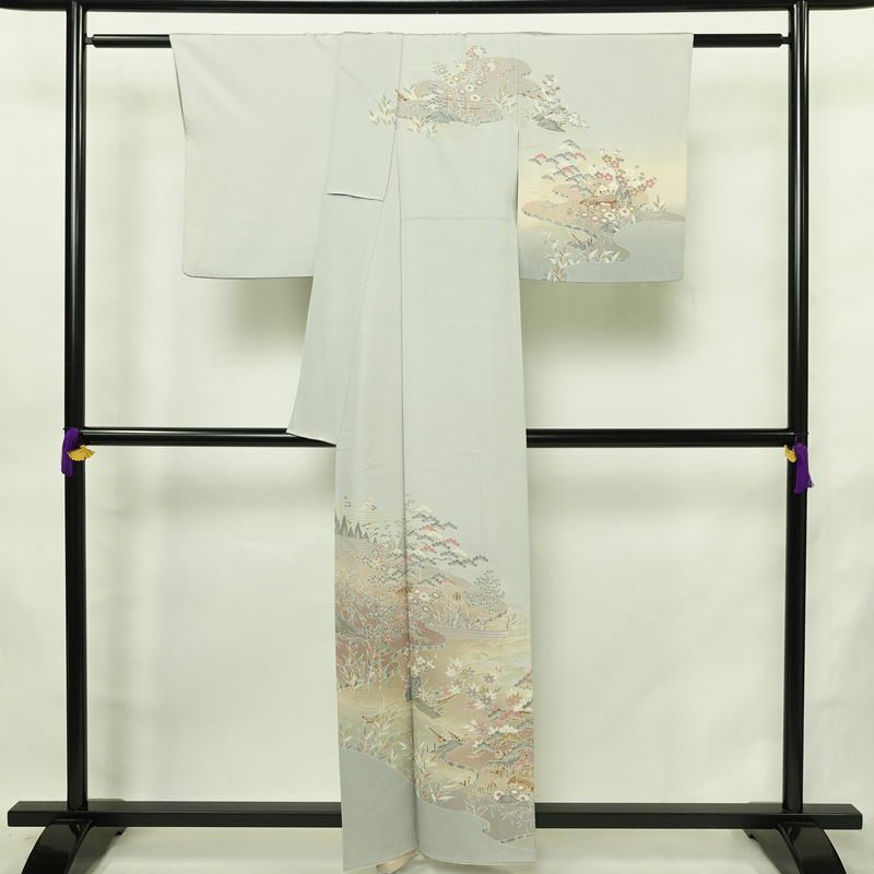 訪問着 縮緬 正絹 古典柄 袷仕立て 身丈158.5cm 裄丈65cm リサイクル着物 着物 箔 金彩 入学式 卒業式 七五三 お宮参り フォーマル 上品 青・紺_画像2