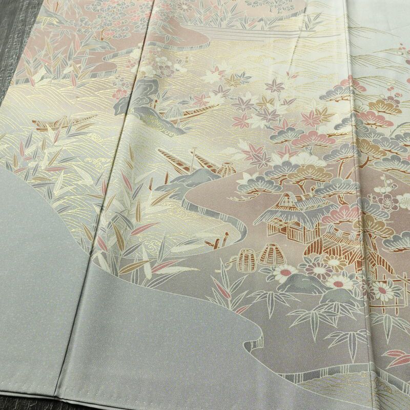 訪問着 縮緬 正絹 古典柄 袷仕立て 身丈158.5cm 裄丈65cm リサイクル着物 着物 箔 金彩 入学式 卒業式 七五三 お宮参り フォーマル 上品 青・紺_画像4