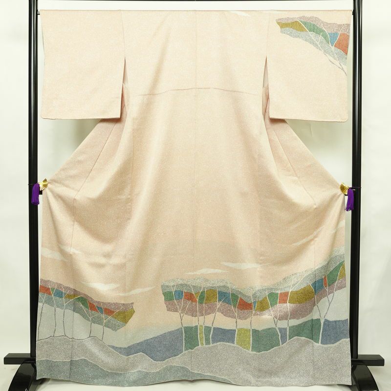 訪問着 正絹 幾何学柄・抽象柄 袷仕立て 身丈167cm 裄丈66.5cm リサイクル着物 着物 フォーマル ベージュ_画像1