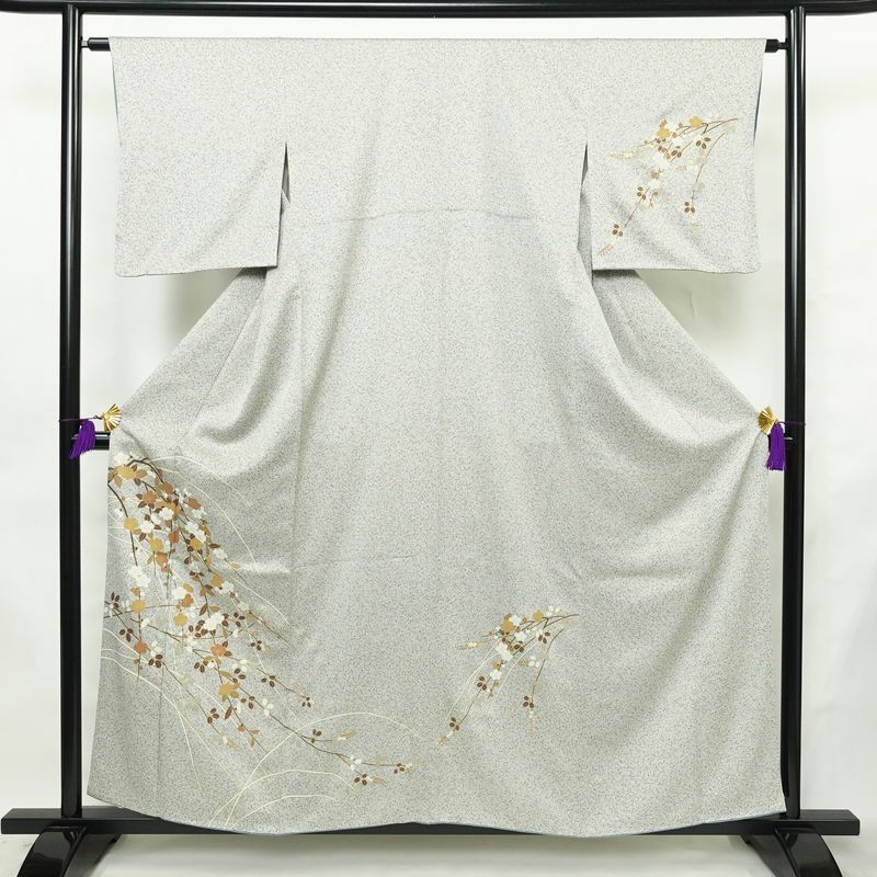 訪問着 正絹 木の葉・植物柄 袷仕立て 身丈157cm 裄丈62.5cm リサイクル着物 着物 箔 金彩 入学式 卒業式 七五三 お宮参り フォーマル グレー_画像1