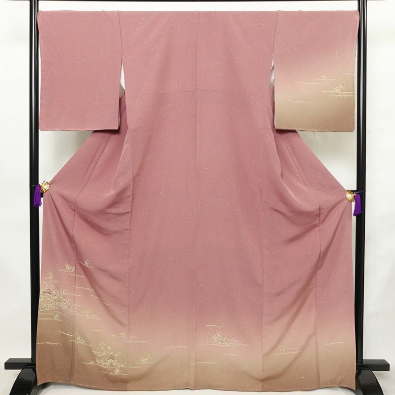 訪問着 美品 しつけ糸付き 縮緬 正絹 風景柄 袷仕立て 身丈166.5cm 裄丈68.5cm リサイクル着物 着物 入学式 卒業式 七五三 お宮参り フォーマル ピンク_画像1