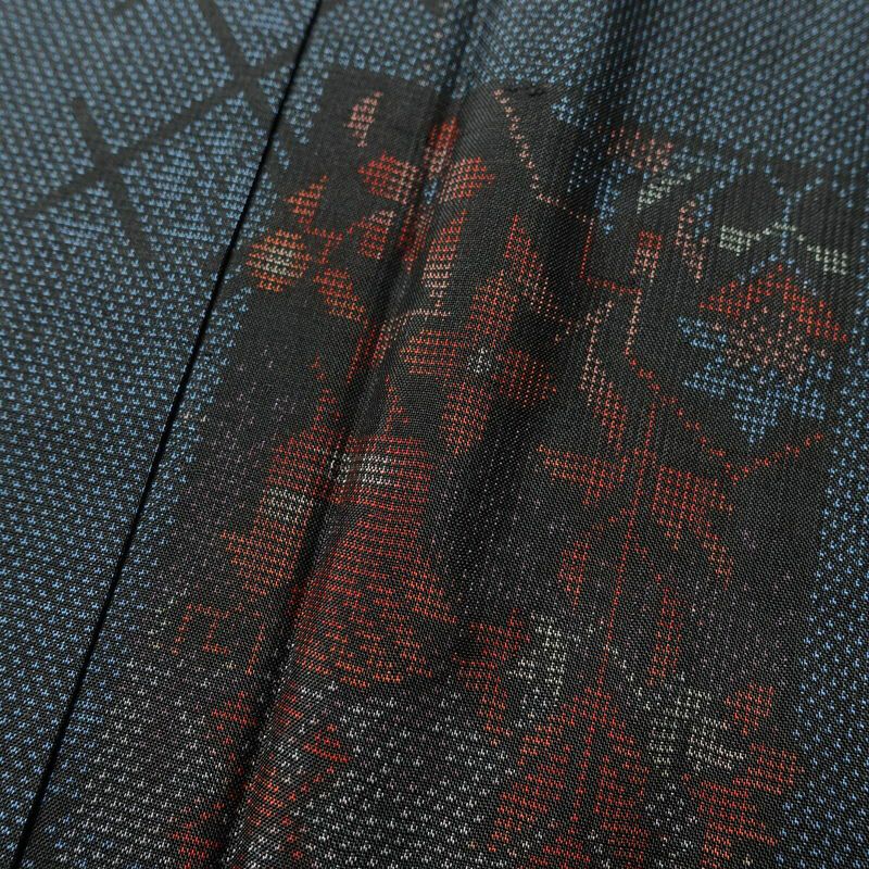 大島紬 証紙あり 正絹 幾何学柄・抽象柄 袷仕立て 身丈161.5cm 裄丈61.5cm リサイクル着物 一部しつけ糸付き 着物 青・紺_画像7