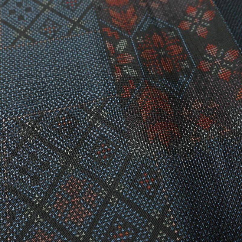 大島紬 証紙あり 正絹 幾何学柄・抽象柄 袷仕立て 身丈161.5cm 裄丈61.5cm リサイクル着物 一部しつけ糸付き 着物 青・紺_画像8