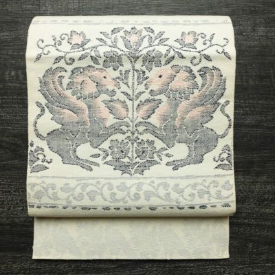 名古屋帯 六通柄 良品 正絹 幾何学柄・抽象柄 松葉仕立て なごや帯 リサイクル帯 帯 紬地 白