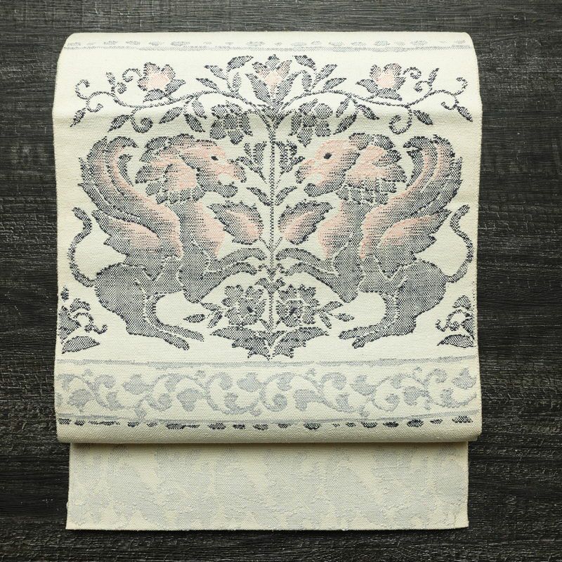 名古屋帯 六通柄 良品 正絹 幾何学柄・抽象柄 松葉仕立て なごや帯 リサイクル帯 帯 紬地 白_画像1