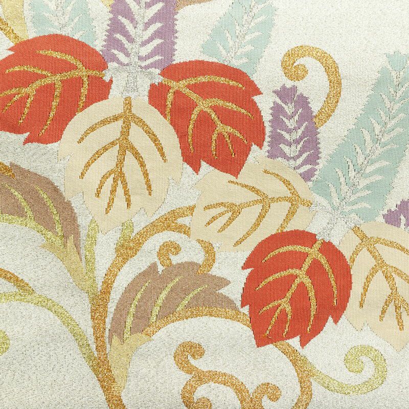 名古屋帯 太鼓柄 正絹 木の葉・植物柄 松葉仕立て なごや帯 リサイクル帯 帯 金・銀_画像2