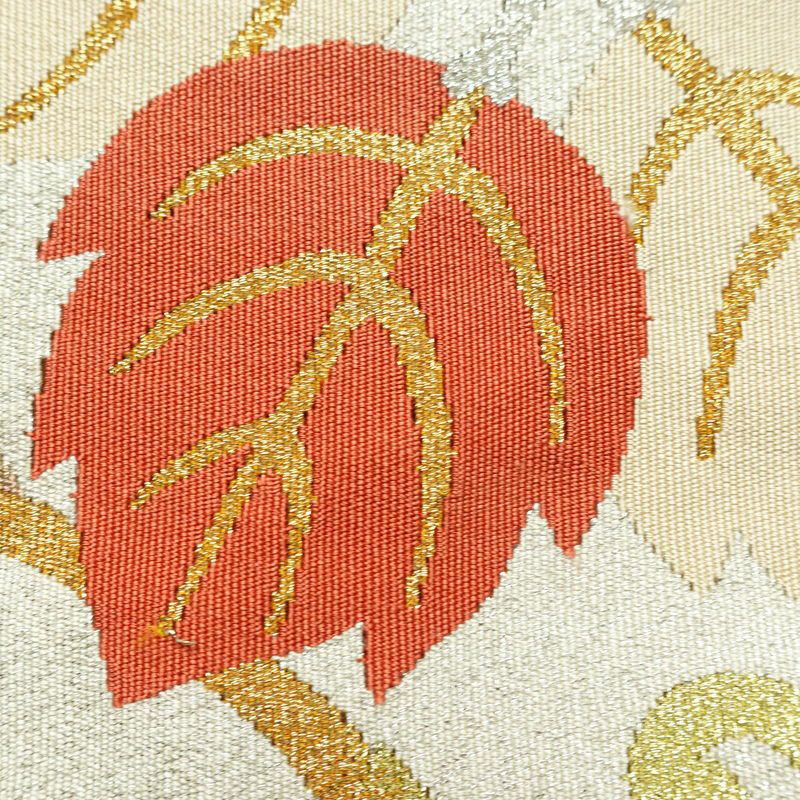名古屋帯 太鼓柄 正絹 木の葉・植物柄 松葉仕立て なごや帯 リサイクル帯 帯 金・銀_画像3