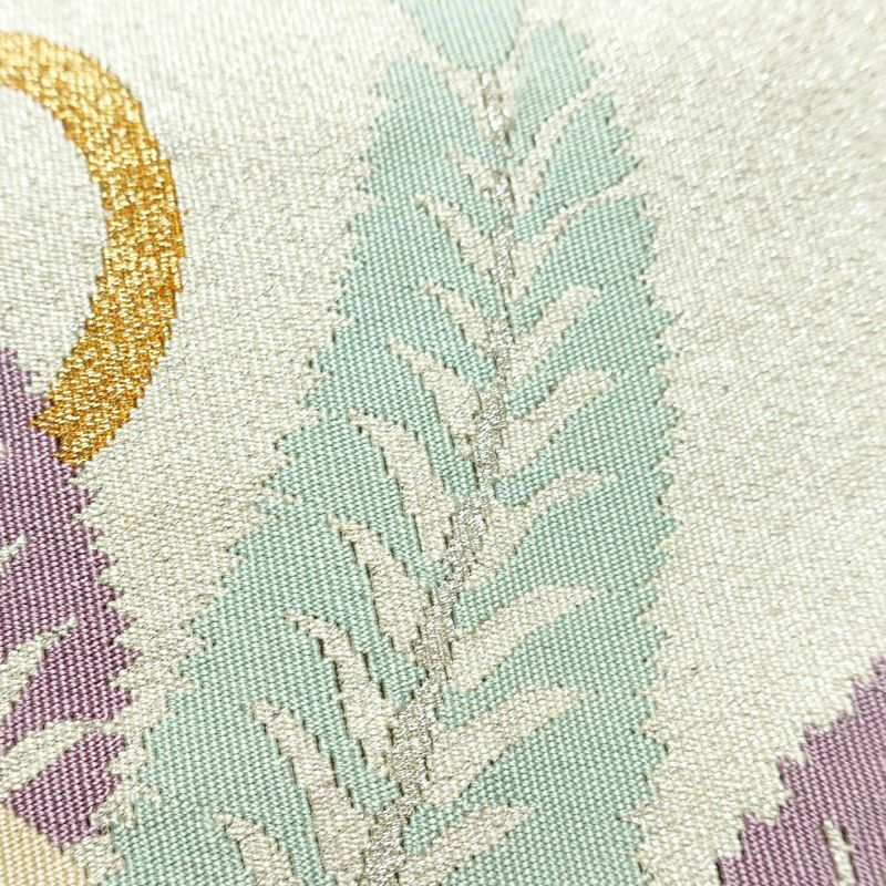 名古屋帯 太鼓柄 正絹 木の葉・植物柄 松葉仕立て なごや帯 リサイクル帯 帯 金・銀_画像4