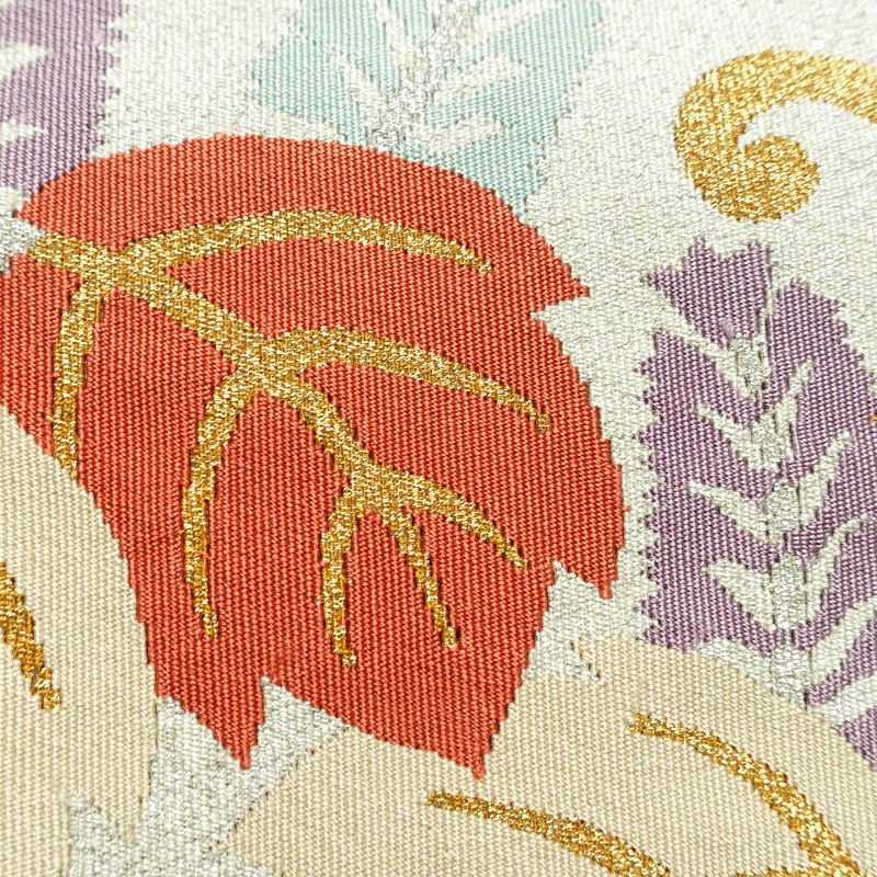 名古屋帯 太鼓柄 正絹 木の葉・植物柄 松葉仕立て なごや帯 リサイクル帯 帯 金・銀_画像5