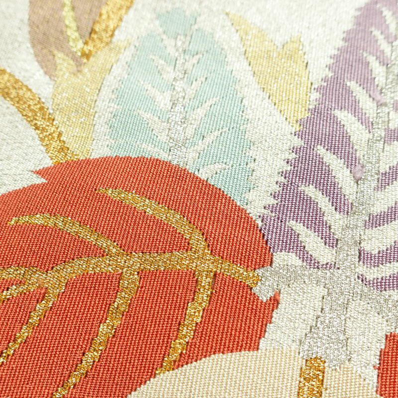 名古屋帯 太鼓柄 正絹 木の葉・植物柄 松葉仕立て なごや帯 リサイクル帯 帯 金・銀_画像6