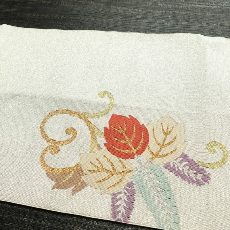 名古屋帯 太鼓柄 正絹 木の葉・植物柄 松葉仕立て なごや帯 リサイクル帯 帯 金・銀_画像16