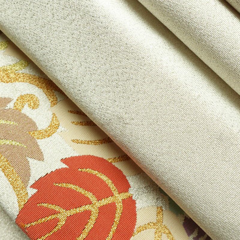 名古屋帯 太鼓柄 正絹 木の葉・植物柄 松葉仕立て なごや帯 リサイクル帯 帯 金・銀_画像21