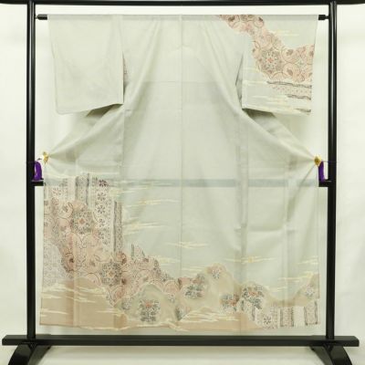 盛夏 訪問着 良品 夏用 三つ紋付き 正絹 古典柄 単衣仕立て 身丈155cm 裄丈63cm リサイクル着物 着物 箔 フォーマル 緑・うぐいす色