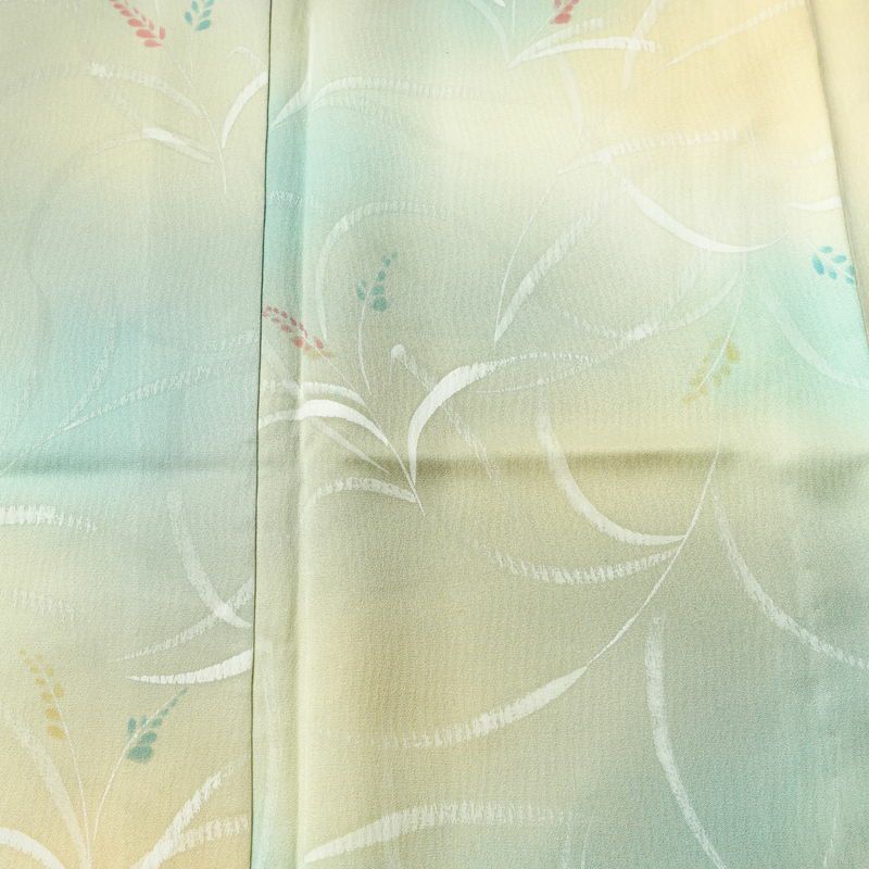 単衣 小紋 一つ紋付き 正絹 木の葉・植物柄 単衣仕立て 身丈153cm 裄丈62cm リサイクル着物 着物 多色使い_画像6