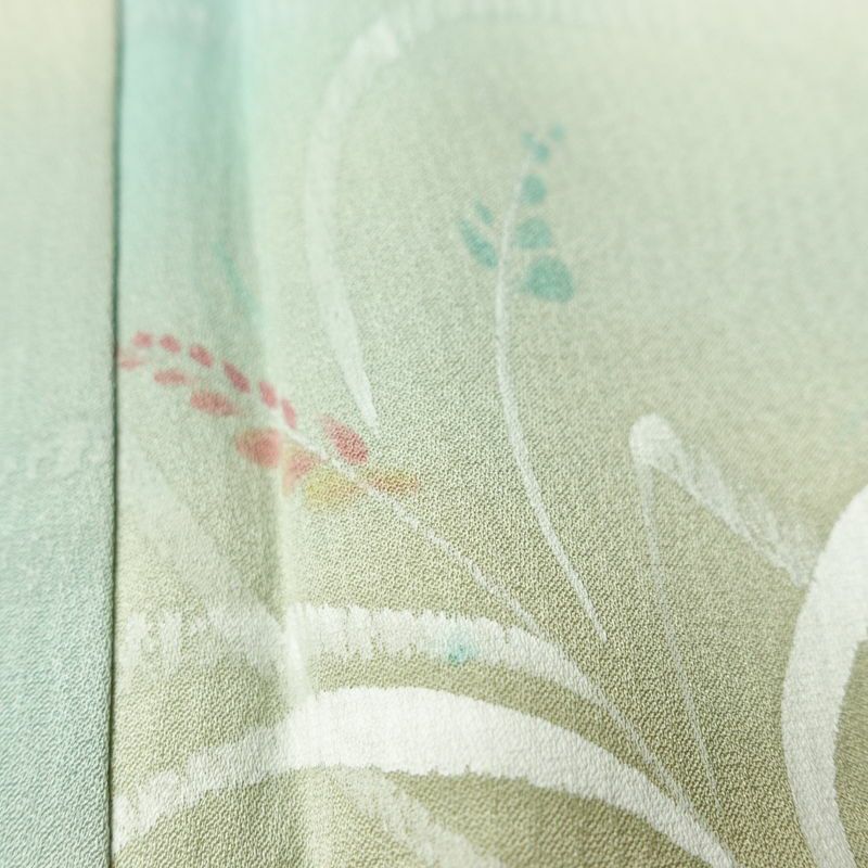 単衣 小紋 一つ紋付き 正絹 木の葉・植物柄 単衣仕立て 身丈153cm 裄丈62cm リサイクル着物 着物 多色使い_画像9