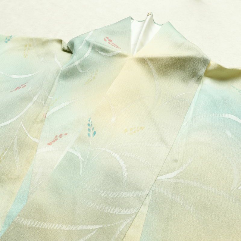 単衣 小紋 一つ紋付き 正絹 木の葉・植物柄 単衣仕立て 身丈153cm 裄丈62cm リサイクル着物 着物 多色使い_画像19