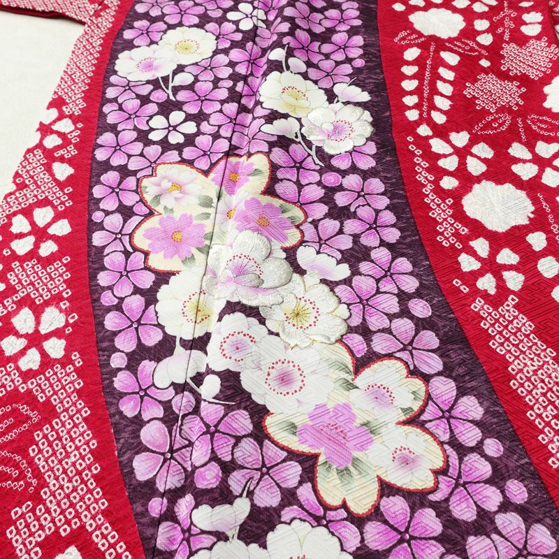 振袖 良品 絞り 正絹 花柄 袷仕立て 身丈165.5cm 裄丈68.5cm リサイクル着物 着物 成人式 二十歳 二十歳の集い パーティー フォーマル 華やか 桜 ピンク_画像5