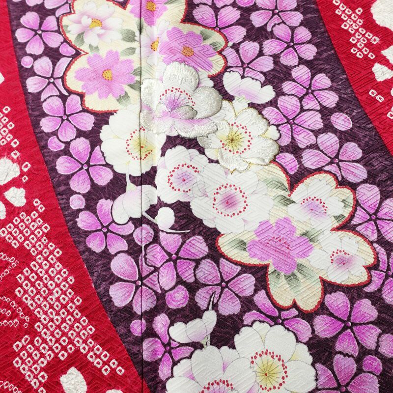 振袖 良品 絞り 正絹 花柄 袷仕立て 身丈165.5cm 裄丈68.5cm リサイクル着物 着物 成人式 二十歳 二十歳の集い パーティー フォーマル 華やか 桜 ピンク_画像6