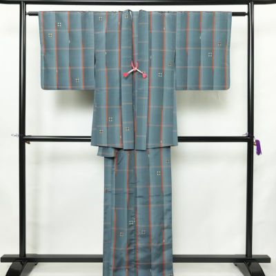 紬 アンサンブル 良品 しつけ糸付き セット品 正絹 チェック・格子柄 袷仕立て 身丈165cm 裄丈66cm リサイクル着物 着物 青・紺